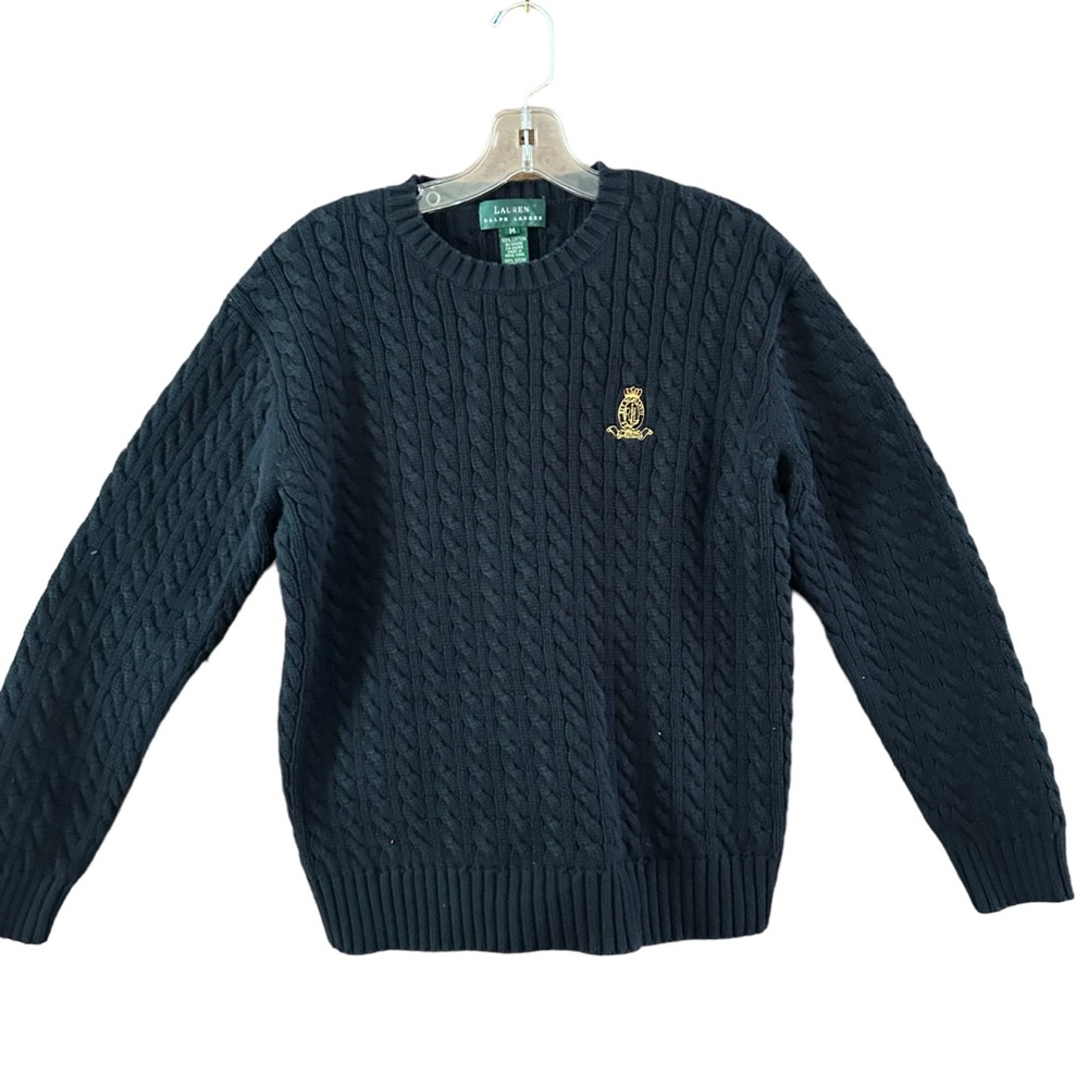 Lauren Ralph Lauren Navy Cable Knit Crewneck Sweater with Gold Crest